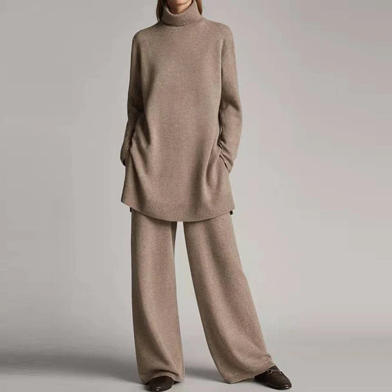 Ensemble loungewear femme – Maille douce – Haut oversize col roulé – Pantalon large