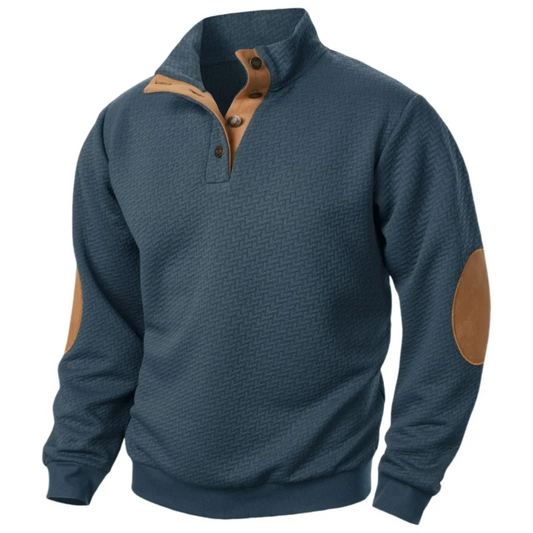 Sweatshirt homme – Coupe décontractée – Col montant boutonné – Coudières contrastées