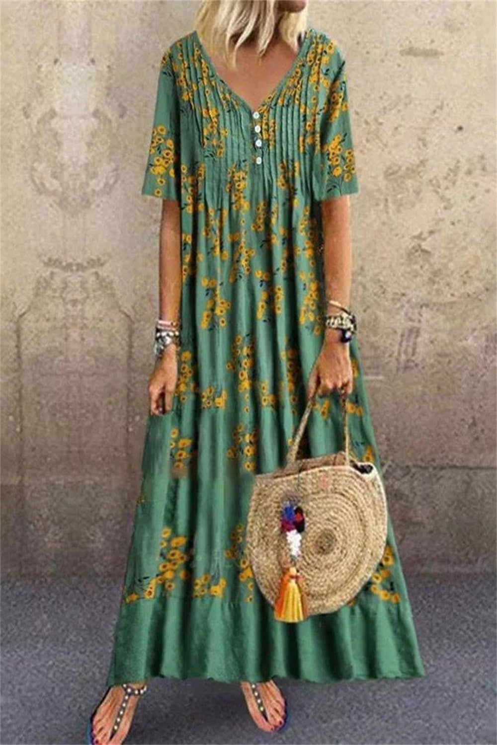 Robe longue femme – Coupe ample – V-neck – Manches courtes – Tissu respirant fleuri