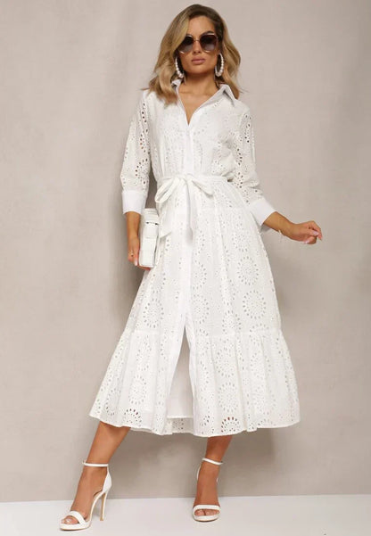 Robe midi femme – Broderie anglaise – Coupe décontractée – Taille ceinturée – Boutonnée