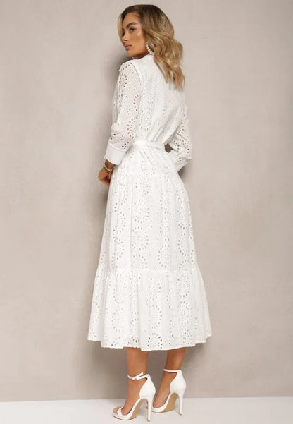 Robe midi femme – Broderie anglaise – Coupe décontractée – Taille ceinturée – Boutonnée