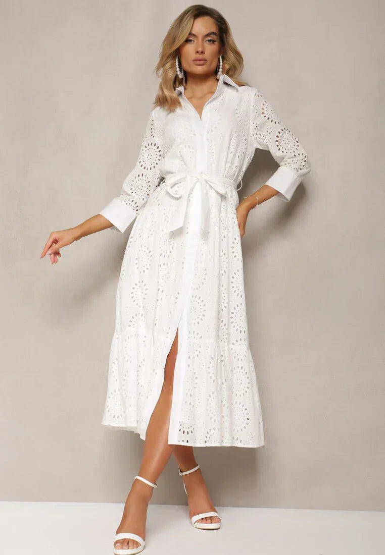 Robe midi femme – Broderie anglaise – Coupe décontractée – Taille ceinturée – Boutonnée