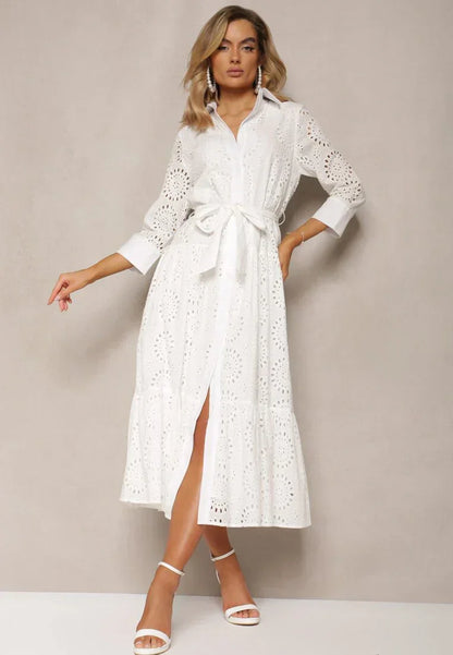 Robe midi femme – Broderie anglaise – Coupe décontractée – Taille ceinturée – Boutonnée