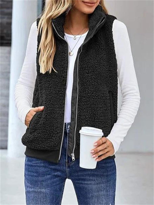 Veste sans manches femme – Coupe décontractée – Tissu doux chaud – Col montant zippé