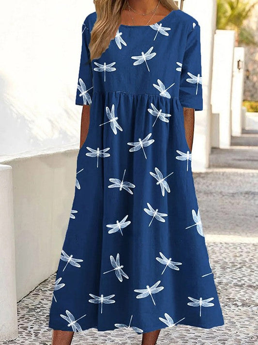 Robe femme – Coupe évasée – Motif libellule – Manches courtes – Tissu respirant