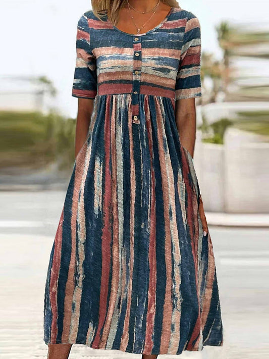 Robe Midi Femme – Coupe Ample – Rayures Verticales et Horizontales – Tissu Respirant