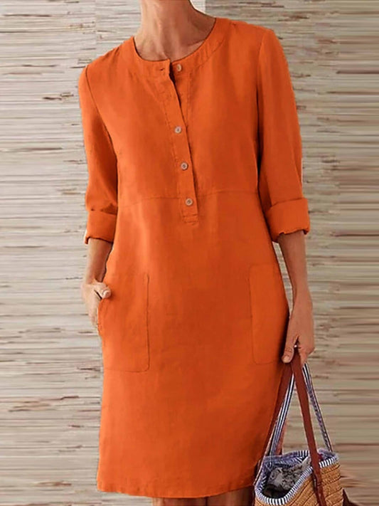 Robe décontractée femme – Fibres naturelles – Coupe ample – Boutonnée – Manches longues