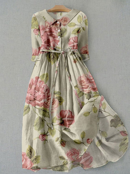 Robe midi femme – Coupe évasée – Motif fleuri vintage – Manches 3/4 – Taille ceinturée