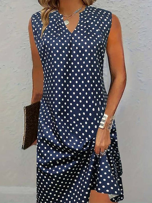 Robe midi femme – Sans manches – Coupe évasée fluide – Imprimé pois – Tissu respirant