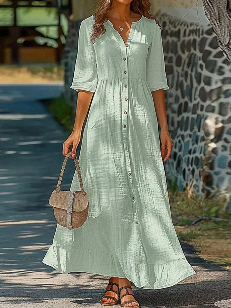 Robe midi femme – Coupe décontractée – Tissu respirant – Manches mi-longues – Boutonnée