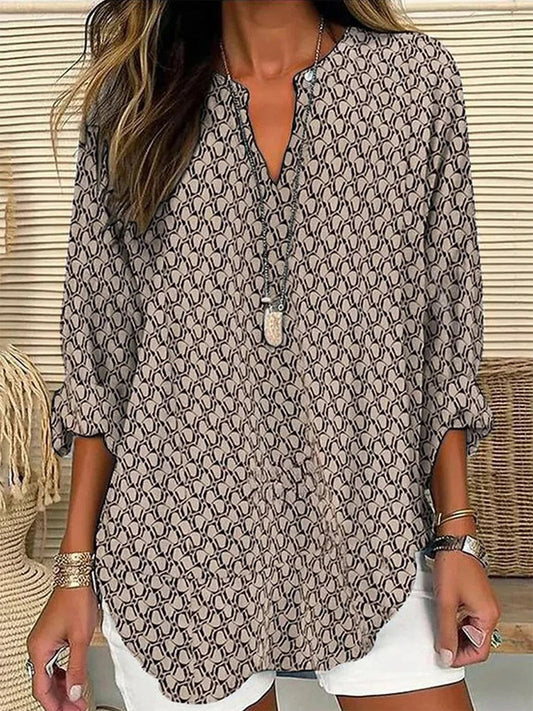 Blouse femme – Coupe ample – Décolleté en V – Manches 3/4 – Motif géométrique – Tissu respirant
