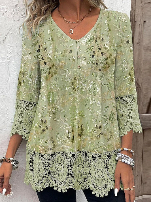Blouse Femme – Dentelle Élégante – Coupe Ample – Manches 3/4 – Col en V Fleurie