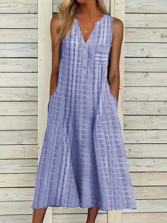 Robe femme sans manches – Tissu respirant – Décolleté en V – Boutonnée – Longueur midi – Poches