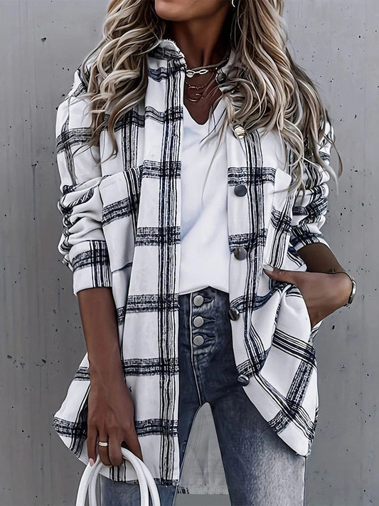 Veste femme – Coupe oversize – Motif à carreaux – Tissu respirant – Fermeture boutonnée