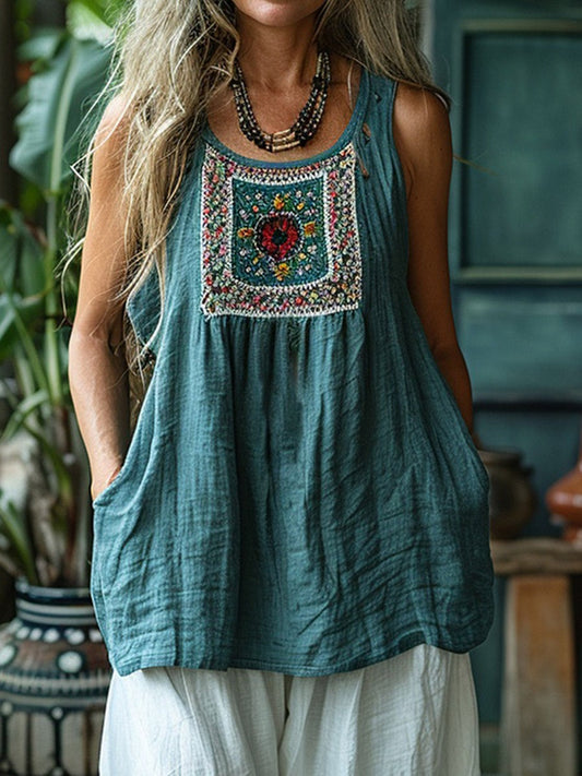 Top sans manches femme – Coupe décontractée – Fibre naturelle – Broderie artisanale