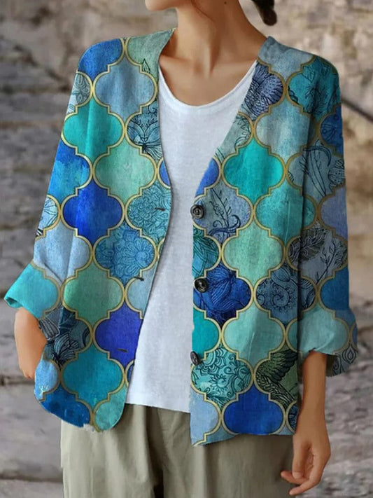 Veste femme – Coupe décontractée – Manches 3/4 – Boutonnage – Motif géométrique – Tissu respirant