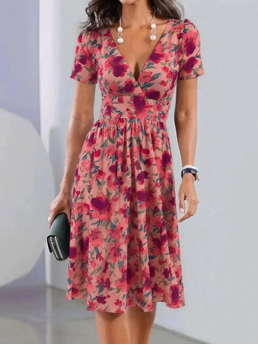 Robe midi femme – Encolure V – Manches courtes – Taille cintrée – Tissu fluide floral