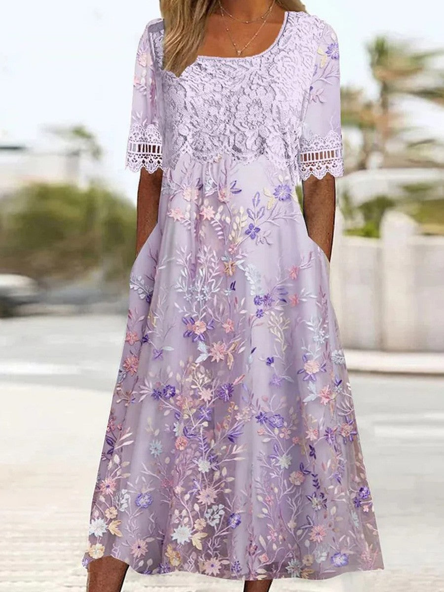 Robe femme midi – Coupe décontractée – Dentelle élégante – Broderie florale – Poches