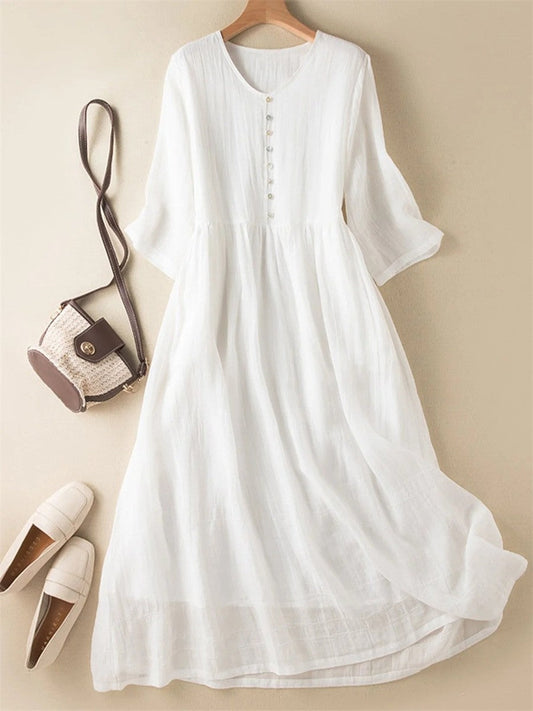 Robe midi femme – Tissu respirant – Coupe fluide – Col V – Manches mi-longues