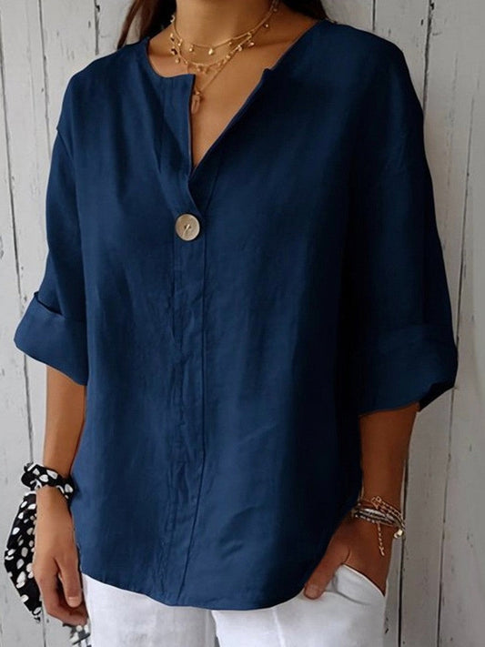 Blouse femme – Coupe décontractée – Fibres naturelles – Manches 3/4 – Col V