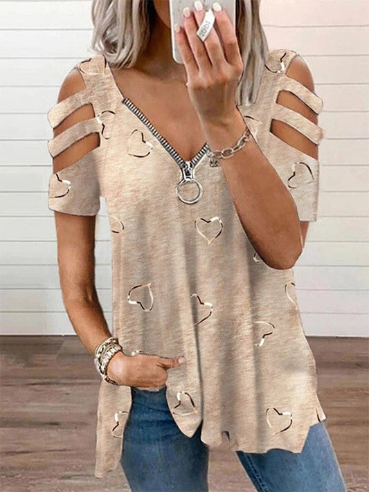 Blouse femme – Coupe décontractée – Col V zippé – Manches fendues – Imprimé cœur
