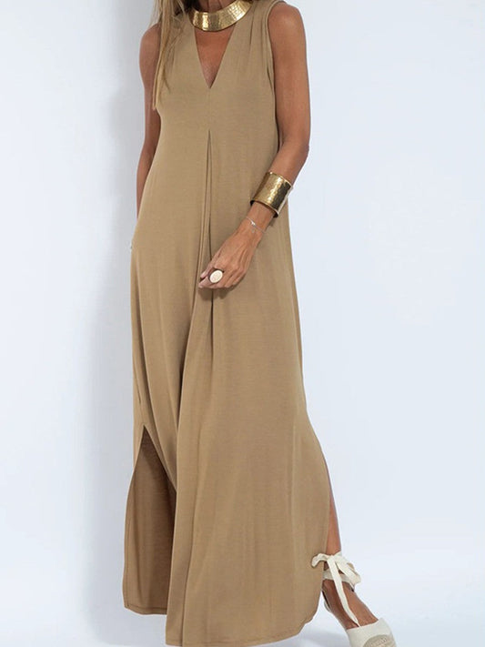 Robe sans manches femme – Coupe fluide – Décolleté en V – Tissu respirant – Longueur cheville