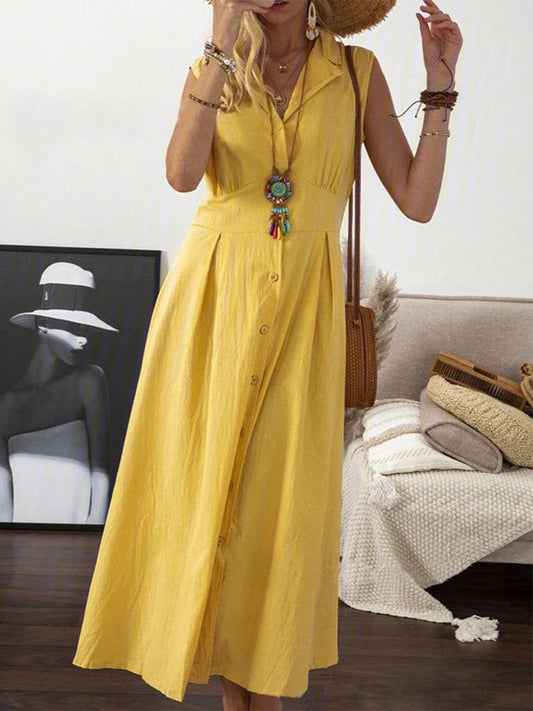 Robe midi femme sans manches – Coupe évasée – Fibres naturelles – Boutonnée – Col chemise