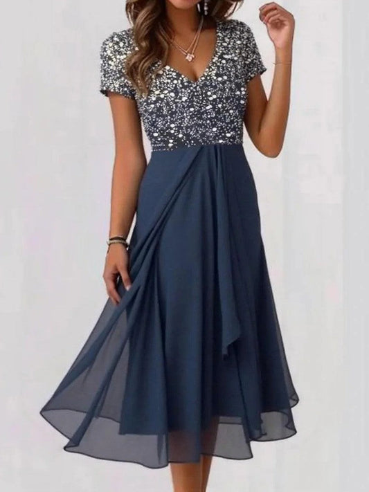 Robe midi femme – Tissu fluide respirant – Manches courtes – Décolleté en V – Buste orné – Coupe évasée