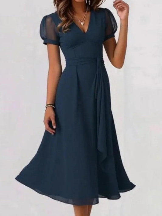 Robe midi femme – Coupe évasée – Manches bouffantes transparentes – Col en V – Tissu léger