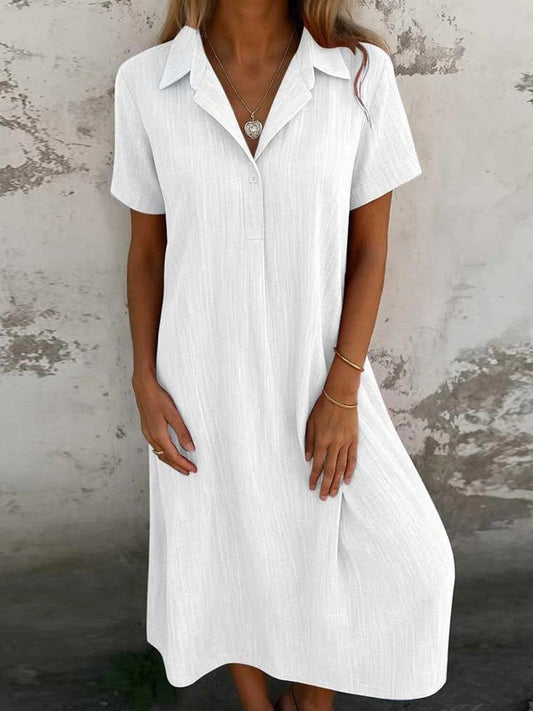 Robe midi femme – Coupe droite décontractée – Fibres naturelles respirantes – Manches courtes – Col classique – Boutonnage frontal