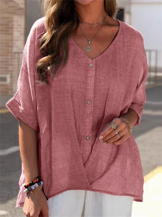 Blouse Femme – Coupe Décontractée – Demi-Manches – Tissu Respirant – Col V Boutonné