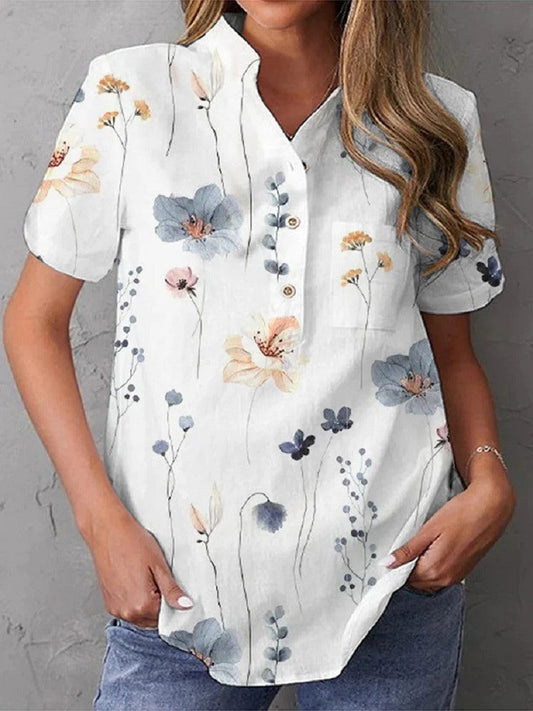 Blouse femme – Motif fleuri – Col V – Manches courtes – Coupe ample – Tissu respirant