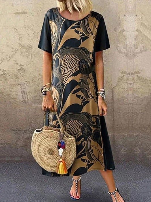 Robe midi femme – Coupe ample – Manches courtes – Imprimé artistique – Tissu respirant