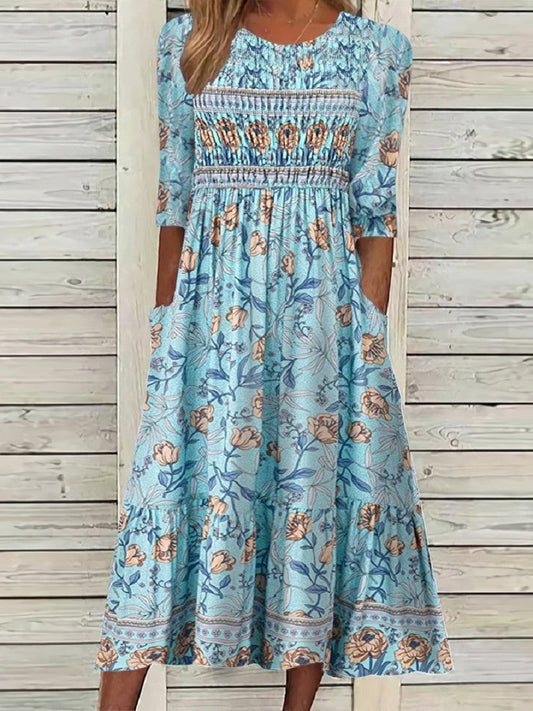 Robe midi femme – Tissu respirant – Imprimé fleuri – Manches bouffantes – Poches