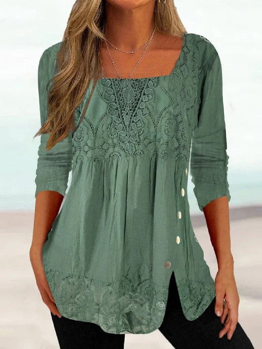 Blouse Femme – Coupe Ample – Tissu Respirant – Col Carré – Manches Longues – Dentelle