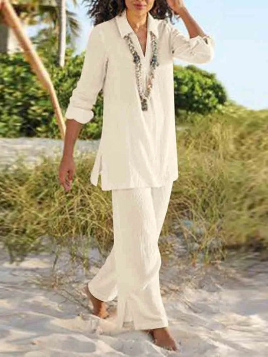 Ensemble Deux Pièces Femme – Coupe Décontractée – Tunique Col V Manches Longues – Pantalon Droit Long – Tissu Respirant