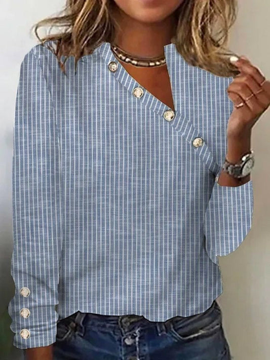 Blouse femme – Manches longues – Coupe décontractée – Rayée – Tissu respirant – Col V boutonné