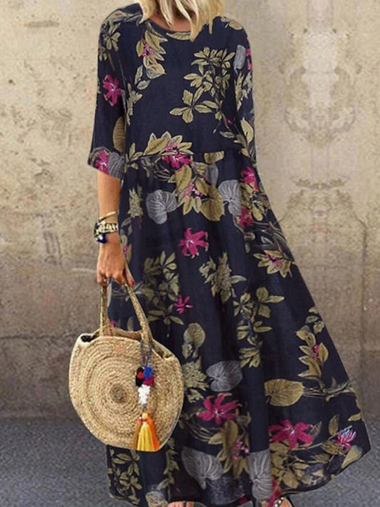 Robe femme – Coupe évasée décontractée – Tissu respirant – Manches mi-longues fleuries