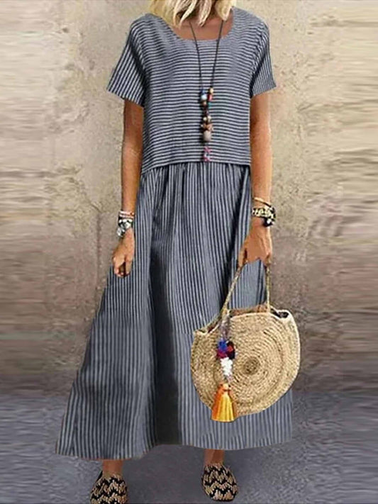 Robe longue femme – Coupe ample – Motif rayé – Manches mi-longues – Tissu respirant