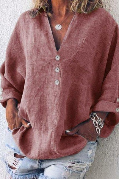 Blouse femme – Coupe ample – Fibres naturelles – Col V – Manches longues – Poche
