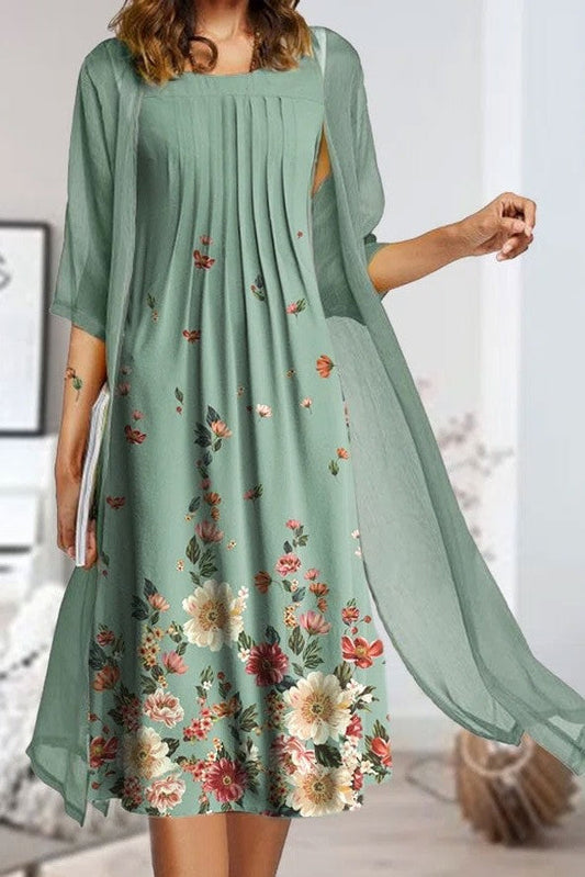 Robe mi-longue deux pièces femme – Coupe évasée – Imprimé fleuri – Tissu léger respirant