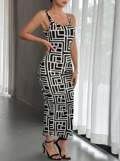 Robe Midi Femme - Coupe Ajustée - Sans Manches - Encolure Carrée - Style Moderne