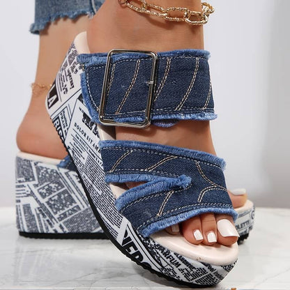 Sandales Compensées Femme - Denim Effiloché - Semelle Haute Imprimée - Bout Ouvert