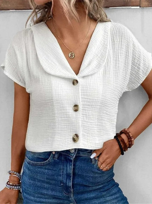Blouse Femme – Coupe Ample – Texture Froissée – Manches Courtes – Boutons Voyants