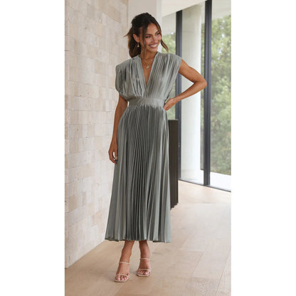 Robe Midi Femme - Sans Manches - Décolleté V - Plissée Élégante - Taille Cintrée