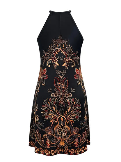 Robe Femme Halter - Motifs Fleuris et Ornementaux - Coupe Évasée - Sans Manches