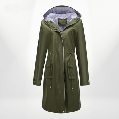 Manteau trench femme – Imperméable long – Capuche – Taille ajustable – Poches à rabat