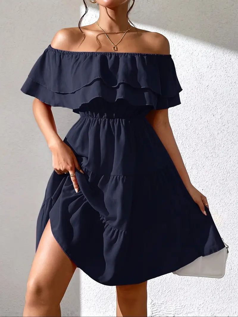 Robe Femme Épaules Dénudées - Volants Élégants - Taille Élastique - Coupe Évasée