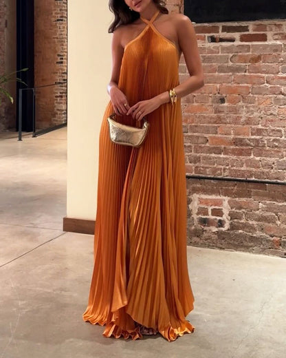 Robe Maxi Femme - Décolleté Halter Croisé - Tissu Plissé Élégant - Tenue de Soirée