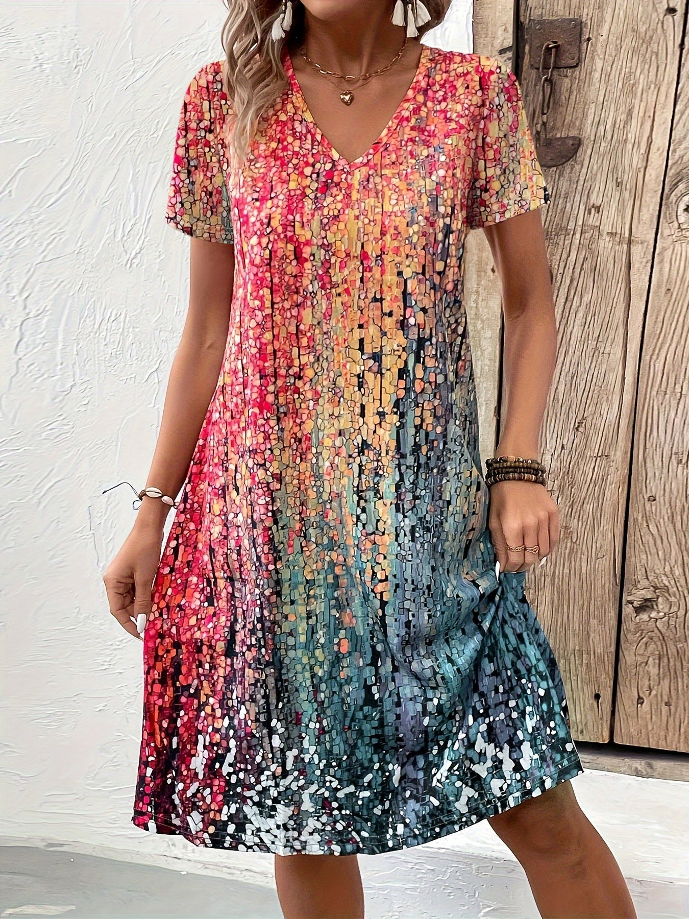 Robe midi femme – Coupe ample – Col en V – Manches courtes – Tissu respirant à motifs